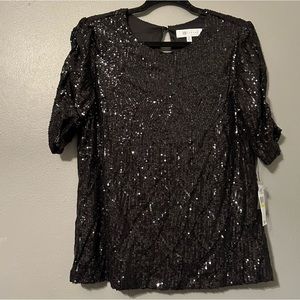 NWT Fever Sz Medium Black Sequin Decko Dazzle Puff Short Sleeve Blouse Top Shirt
